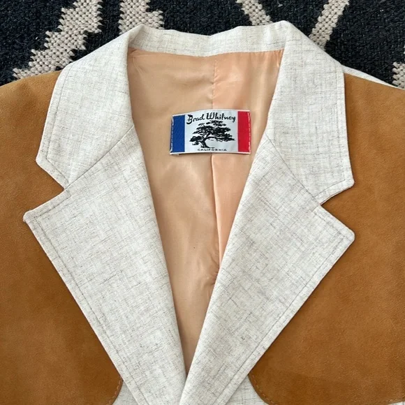 Brad Whitney cream linen and tan suede men’s sport coat blazer size 44 - Picture 2 of 13